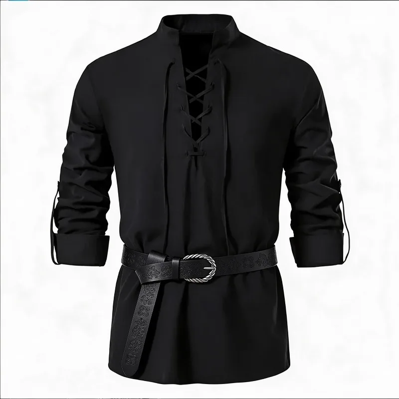 Men Medieval Viking Shirt Stan - Medieval Gothic Lace Up Pirate Shirt 评论和价格