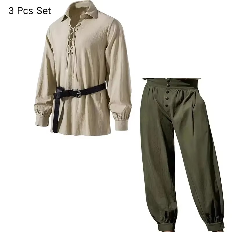 Men Medieval Viking Pirate 3 P - Medieval Gothic Lace Up Pirate Shirt 评论和价格