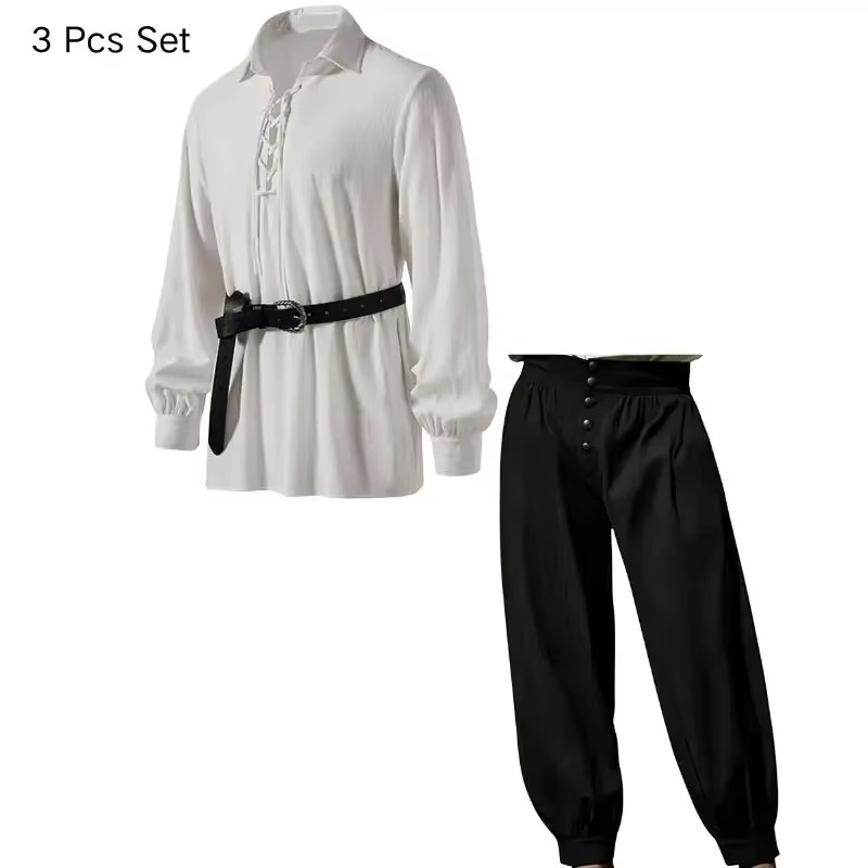 Men Medieval Viking Pirate 3 P - Medieval Gothic Lace Up Pirate Shirt 评论和价格