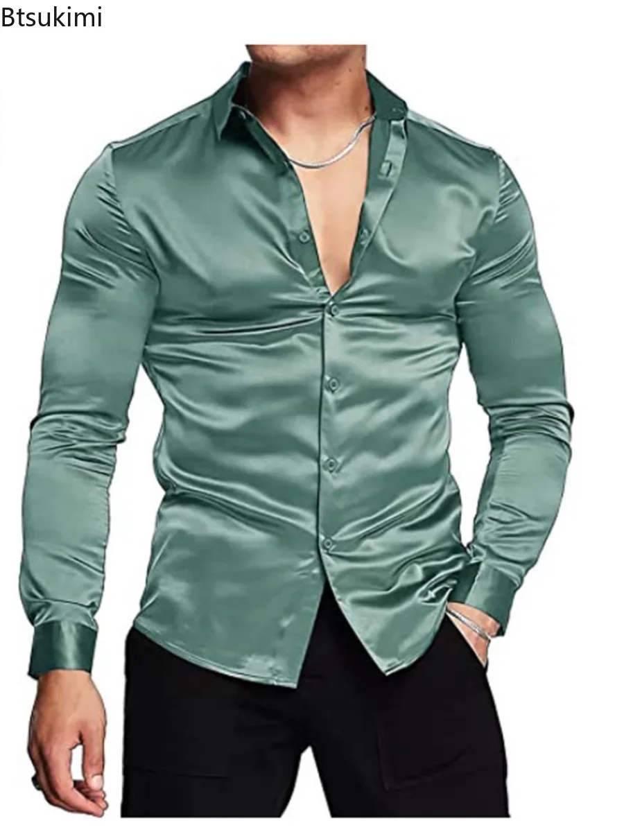 New 2026 Men's Luxurious Shiny - Mens Satin Silk Dress Shirt 评论和价格